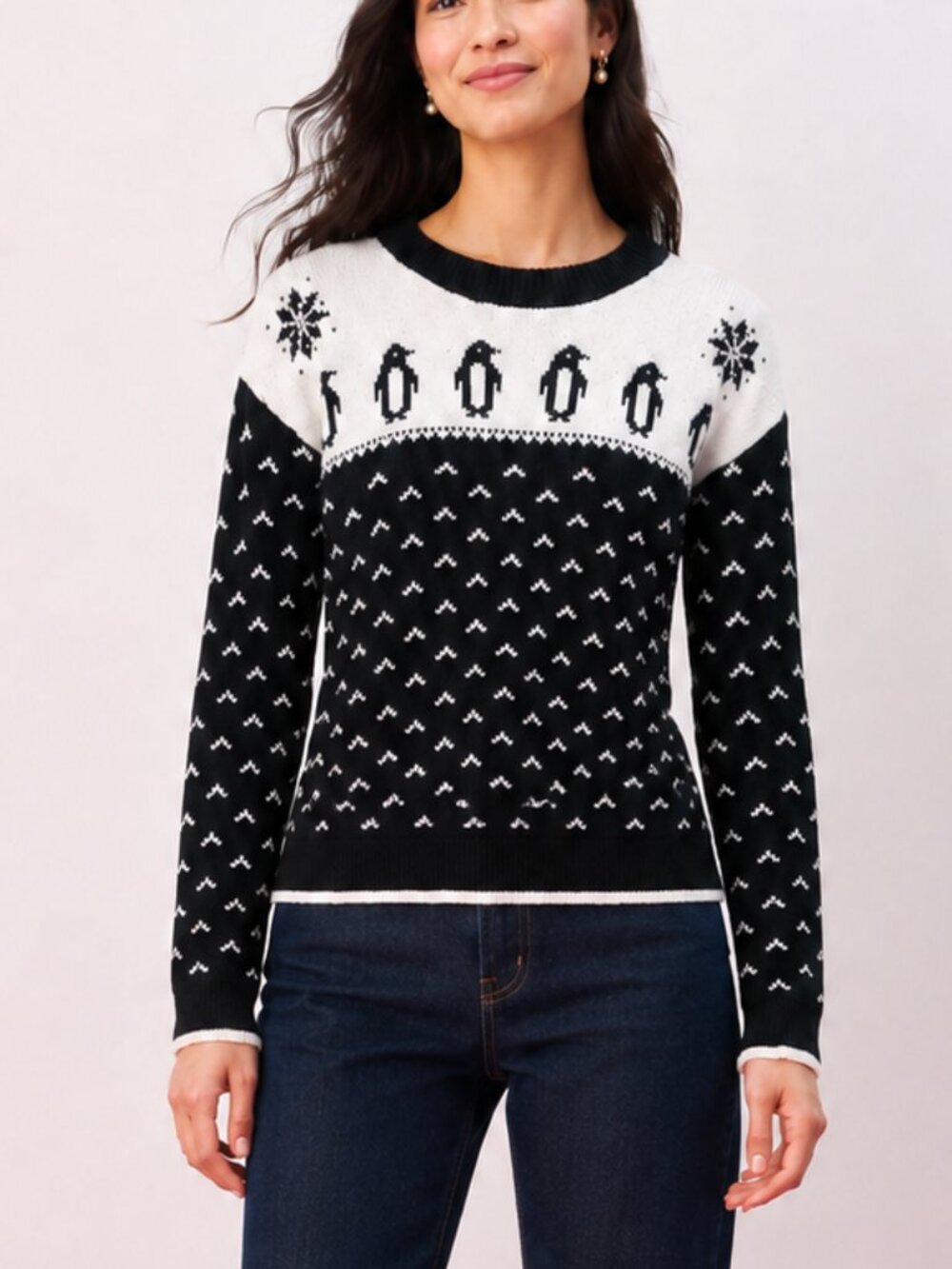 Kate Spade Penguin Intarsia Wool Blend Sweater White Black Large NJMU3093